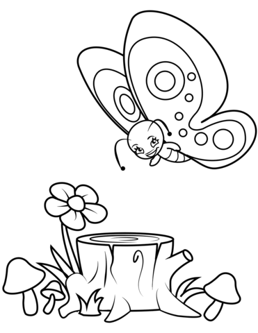 Cute Butterfly Flies Over The Stump Coloring Page